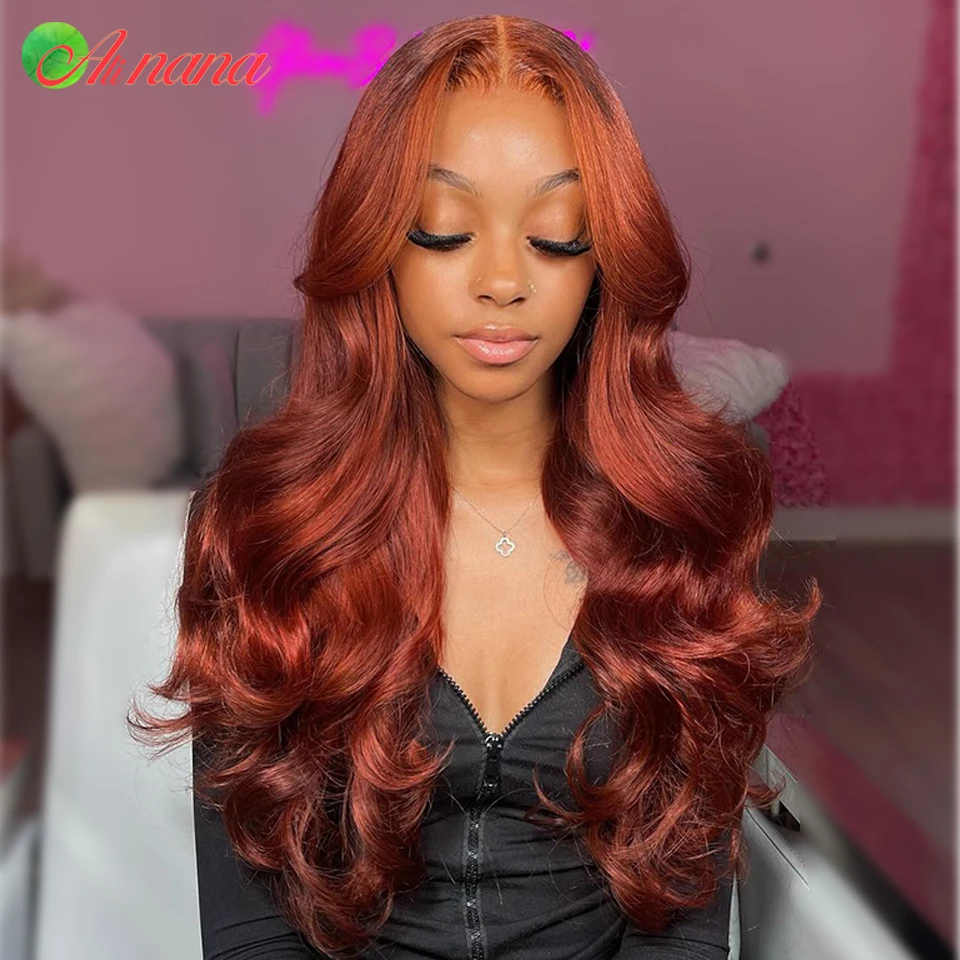 13x4 13x6 Lace Frontal Wigs Cooper Orange Red Brown Colored Human Hair Body Wave Pre-Plucked 7x5 Transparent Lace Closure Wig