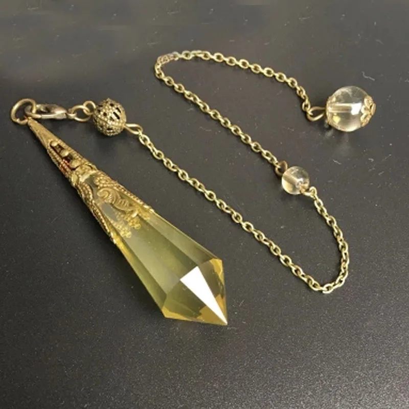 Faceted Citrine Divination Pendulum Reiki Natural Yellow Quartz Crystal Gemstone Dowsing Pendulum with Copper Chain Beads Charm