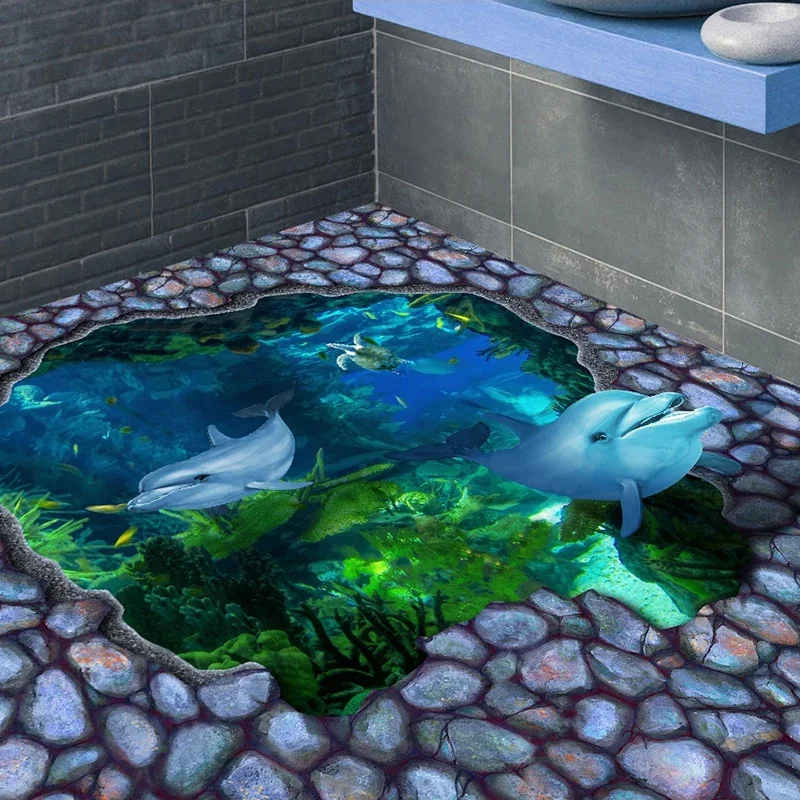 

Custom 3D Floor Painting Ocean Dolphin Bathroom Floor Sticker PVC Waterproof Self-adhesive Mural Wallpaper Wall Decals 3D