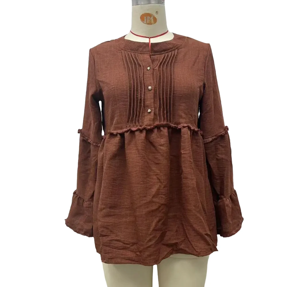 Women Spring Autumn Long Sleeve Shirts V Neck Button Front Tunic Tops Pleated Fringe Tiered Loose Blouse Elegant Fall Outfits