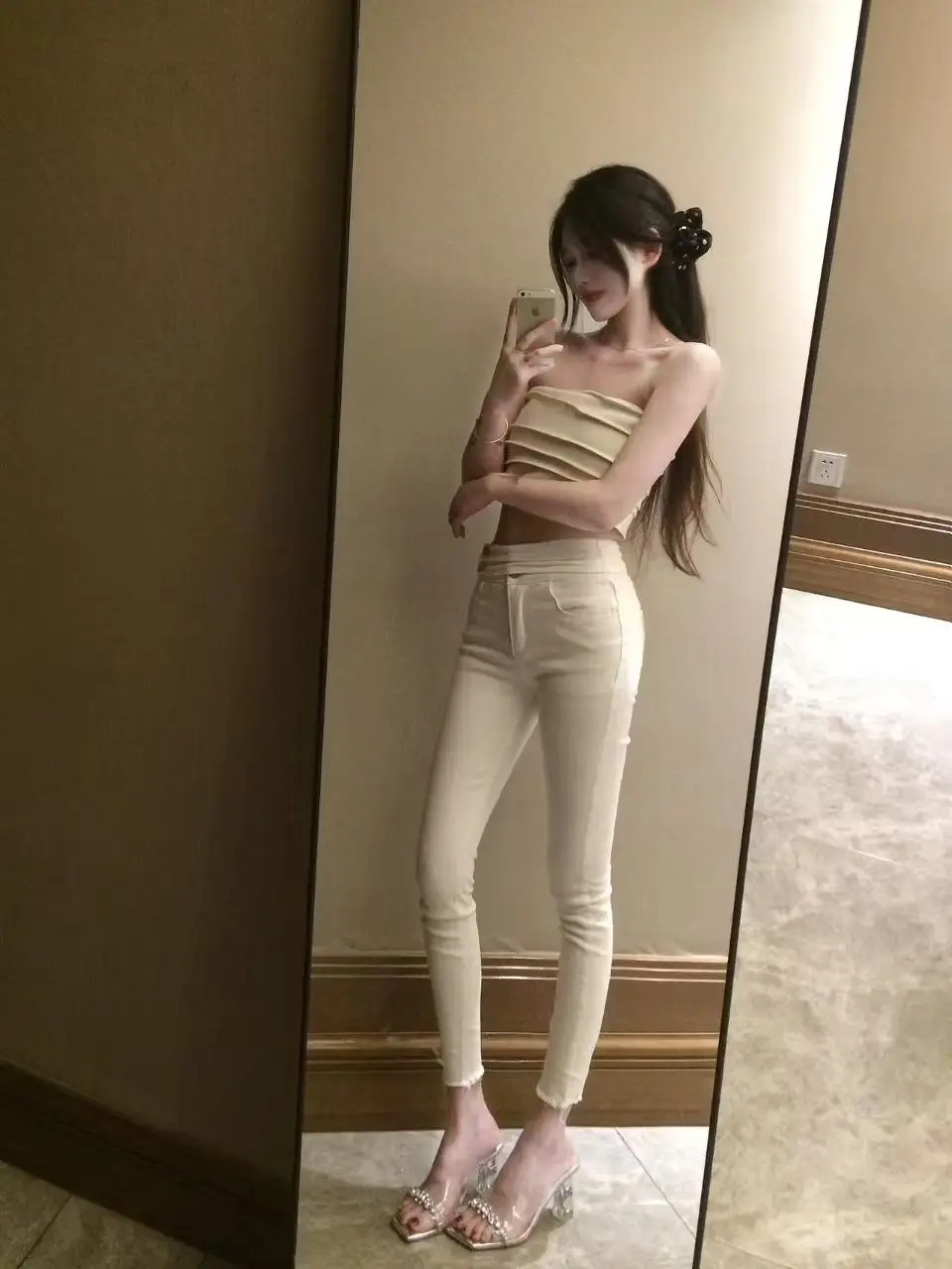 

White Denim High Waist Elastic Slimming Small Size Wraparound Nine Point Tight Fit Bootcut Pants Women's Casual Cotton Stretch
