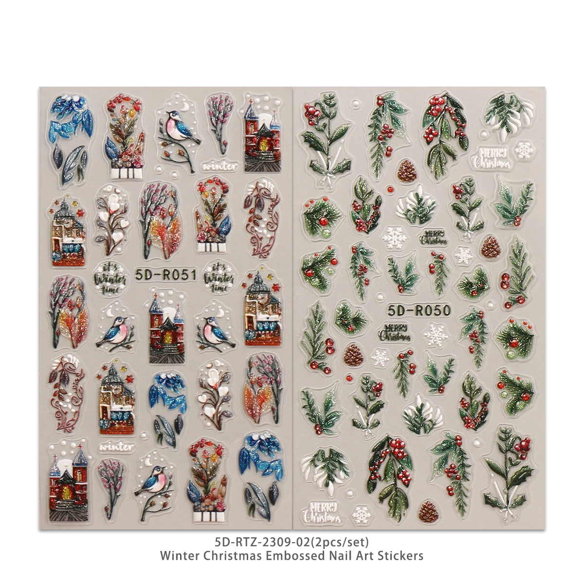 2 stücke winter Weihnachten grün blatt obst glitter geprägte nail art aufkleber, retro pastoralen thema, einfach anzubringen nagel dekoration,