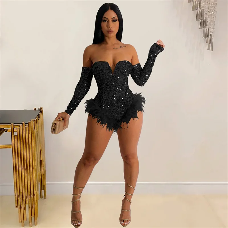 Fashion Sequins Splicing Feather Jumpsuit Women Sexy Backless Long Sleeve Slim Fit Chic Bodysuit Female Party Club Gala Rompers