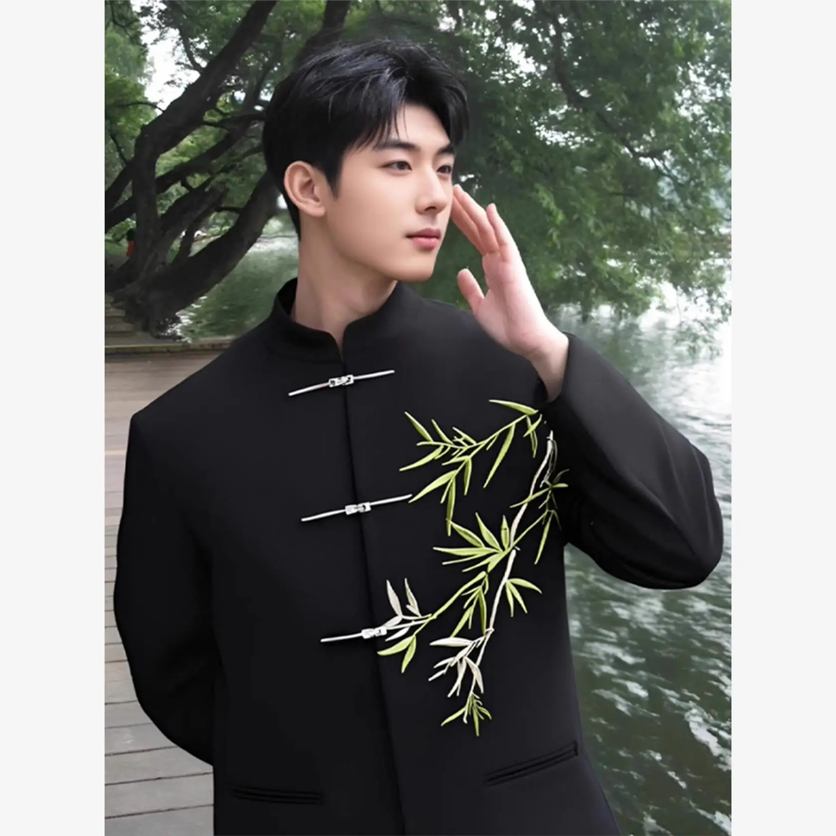 New Chinese Style Men's DK Zhongshan Suit Wedding Engagement Embroidered Bamboo Stand Collar Adult Ceremony Formal Wear