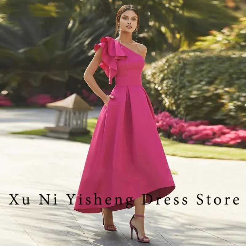 

2024 Simple Modern Prom Dress For Women A-Line One-Shoulder Ruffles Backless Satin Birthday Evening Party Dress Vestidos De Gala