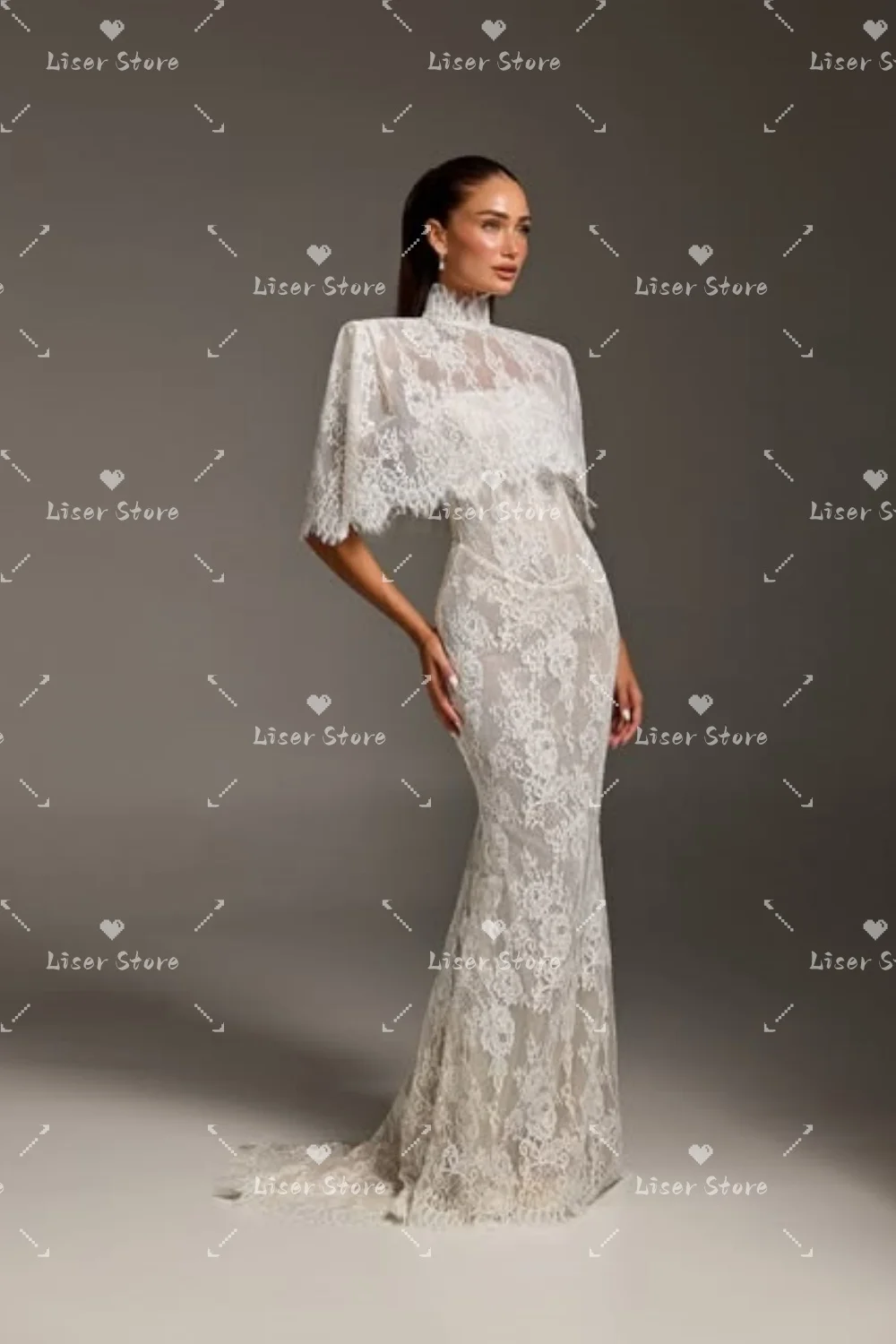 Liser Customized High Neck Lace With Cape Wedding Dress Mermaid Bridal Gown See Through Vintage Elegant Church Wedding Gown