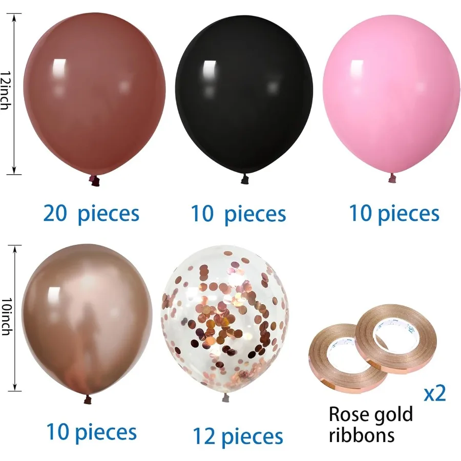 62Pcs 12Inch Black Rose Gold Pink Balloons Kit Vintage Pale Pink Black Rose Gold Confetti Party Balloons with Ribbons for Birth