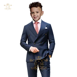 Navy blue kids' suit 2pcs set (jacket+pants) double-breasted premium boys' attire for wedding pageboy prom birthday Xmas gifts