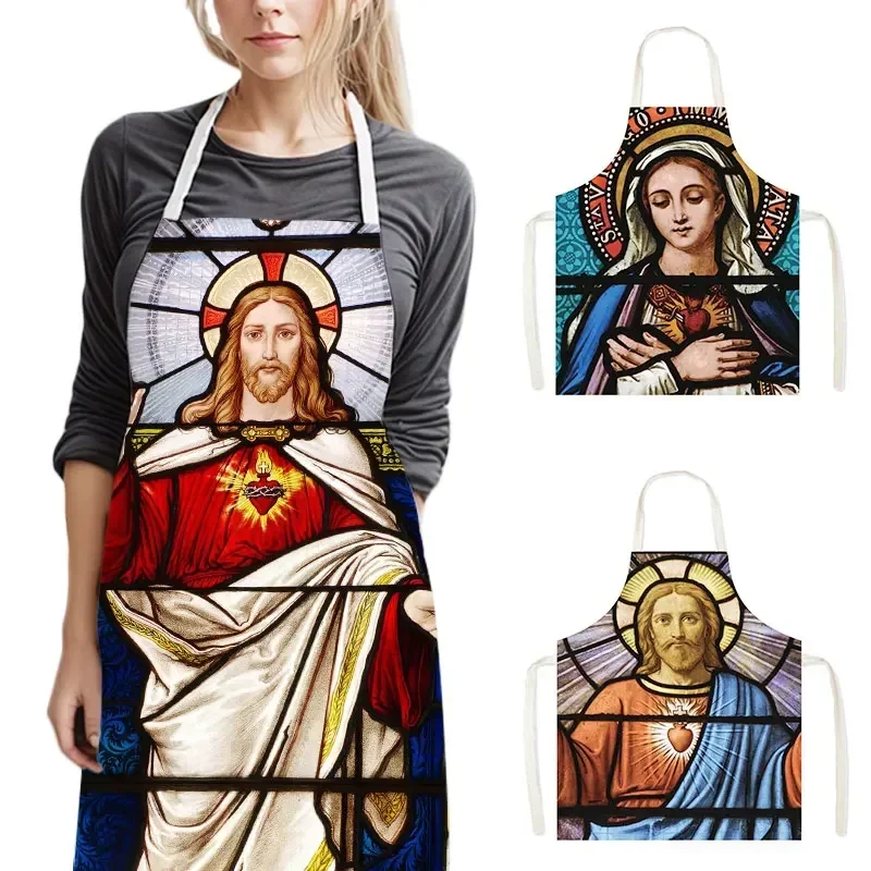 Vintage Religion Jesus Print Kitchen Aprons Women Men Home Cleaning Clothing Linen Pinafore Waterproof Chef Cooking Apron