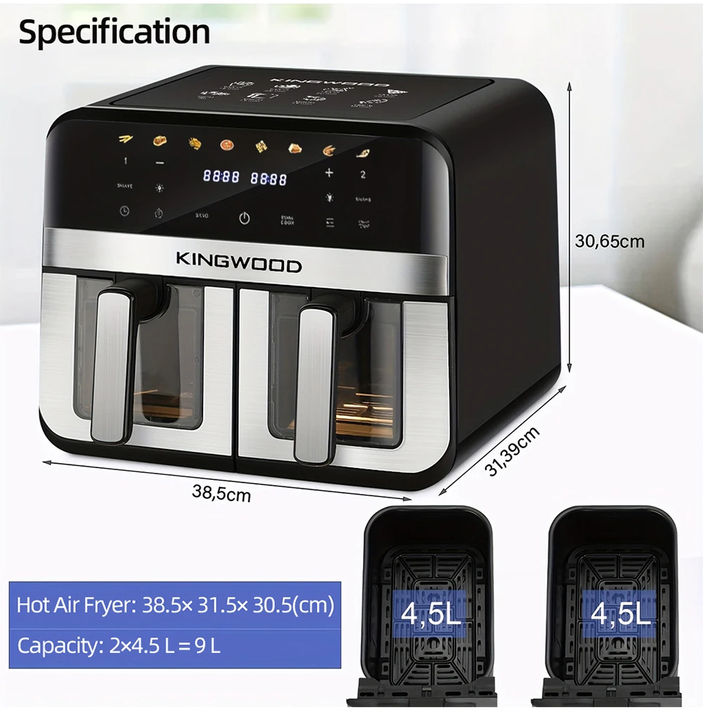 Air Cup Fryer Vetvrij XL 9L met twee manden en een venster, 8 ingebouwde kookprogramma's, veelzijdig intelligent kook-, bak-, frituur- en verwarmingsapparaat.