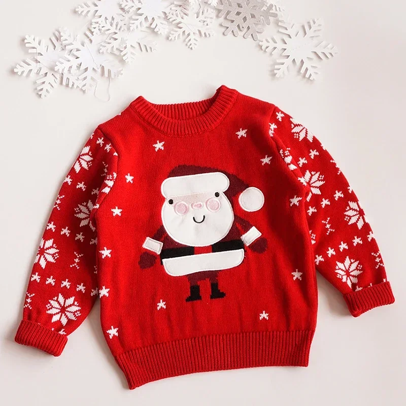 

New Christmas Childrens Sweater Cartoon Xmas Scarf Deer Baby Jacquard Warm Round Neck Pullover Long Sleeve Knitwear Kids Clothes