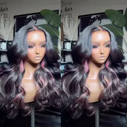 UStyleHair-Perruque Body Wave noire avec reflets roses, perruque Lace Front Wig synthétique, nœuds de naissance des cheveux naturels, degré de chaleur, utilisation 03