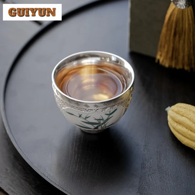 100ml Luxury 999 Sterling Silver Gilded Teacup Handamde Bamboo Cup for Tea Meditation Cup Chinese Tea Set Ornaments Gift Box