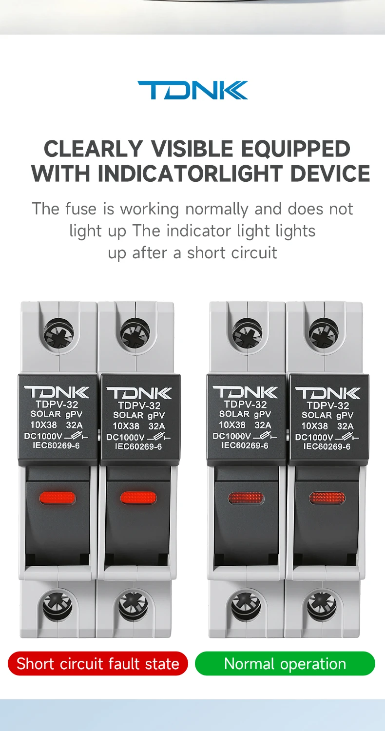 TDNK 2P DC1000V 32A Solar-PV-Sicherungshalter mit 2 Stück 10×38mm PV-Sicherungen, LED-Anzeige, DIN-Schienenmontage – Detail 6