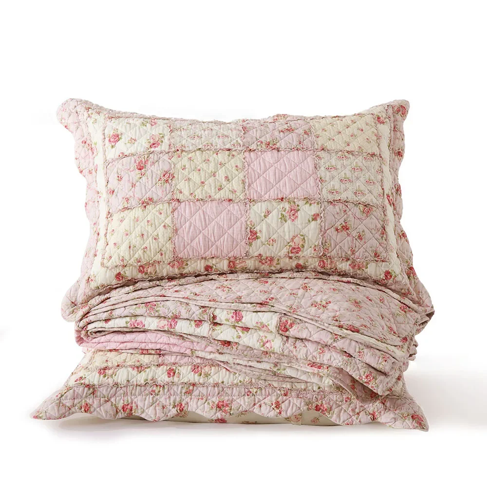 Pink Floral 100% Cotton Quilted Bedspread Set 3PCS King/Queen Size Patchwork Quilt Coverlet All-Season Comforter Blanket for Bed