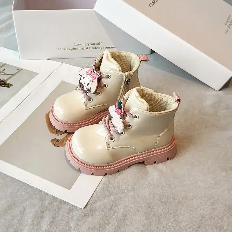 Botas de couro feminino coração Kawaii para crianças, pingente Kuromi, minha melodia, princesa doce fofa, presentes de moda para crianças