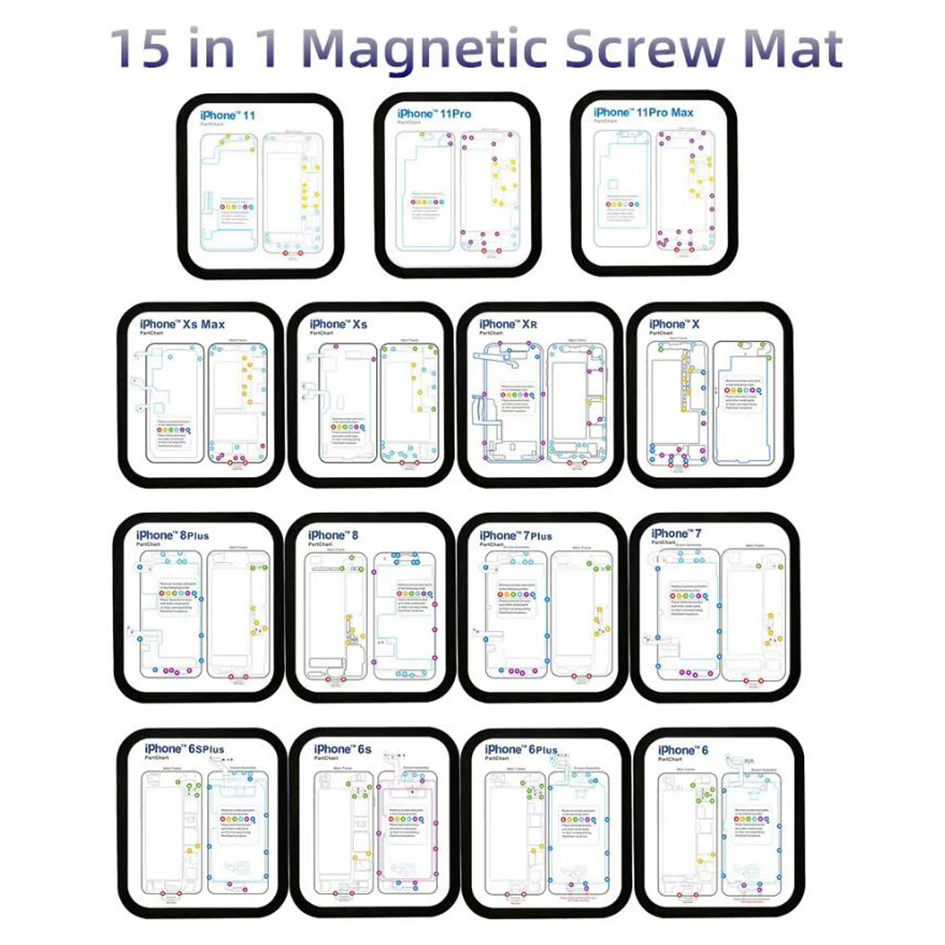 

15 in 1 Magnetic Screws Mat Keeper Memory Chart Mat for iPhone 6 6S 7 8 X XS Max XR Teardown 12 in 1 Repair Guide Pad