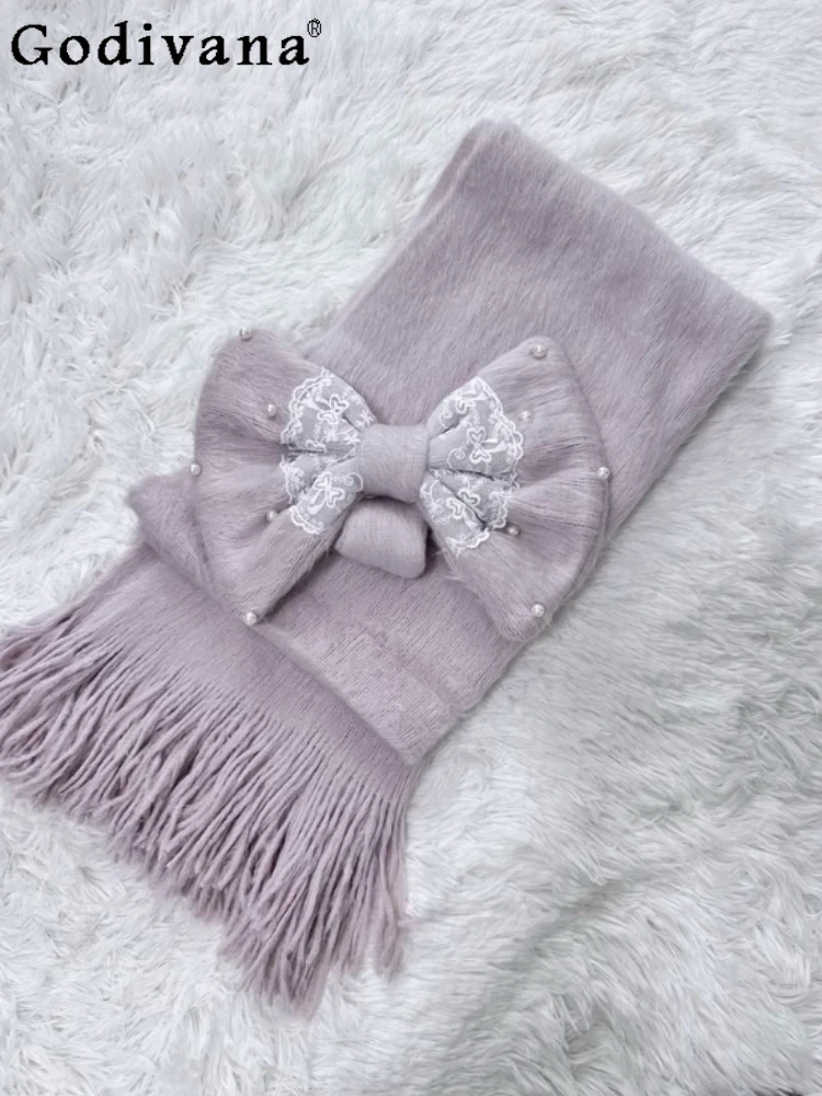 

Зимний милый милый теплый шарф с бантом для девочек, оригинальный японский утолщенный теплый шарф в стиле Лолиты для шеи