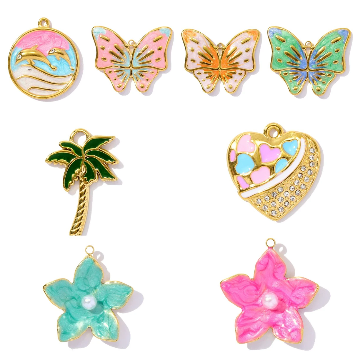 

3Pcs/Lot Stainless Steel Butterfly Heart Flower Charm Enamel Pendant For DIY Making Earring Necklace Jewelry Accessory Wholesale