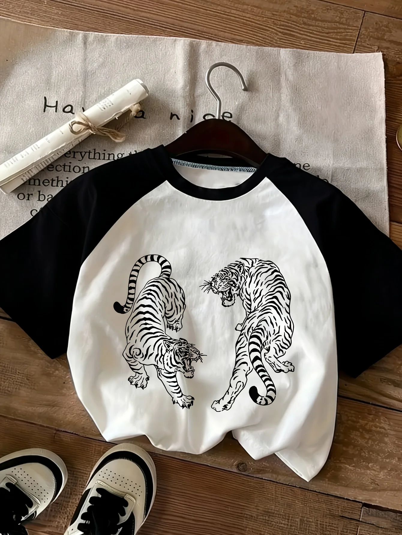 Lazy-style Raglan T-shirt Bestie Date Shopping Instagram-cool Print Short Sleeve Loose Tiger Tshirt Autumn Layered Outerwear