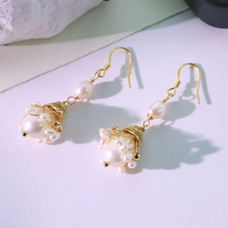 Natural Freshwater Pearl Bohemian Style Ear Hook Vintage 18k Electroplated Pendant Earrings Banquet Women's Jewelry GE0595A
