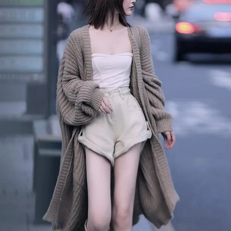 

Fashion All-match Solid Color Knitting Coat Ladies Outwear Tops Autumn Winter Women's Loose Casual Long Cardigan Sweater Female
