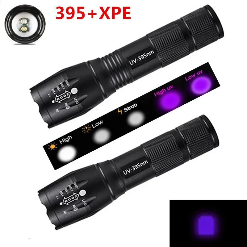 Torcia a LED UV ad alta potenza Torcia fluorescente con zoom ricaricabile XPE Lampada da campeggio Torce Rilevatore di scorpioni