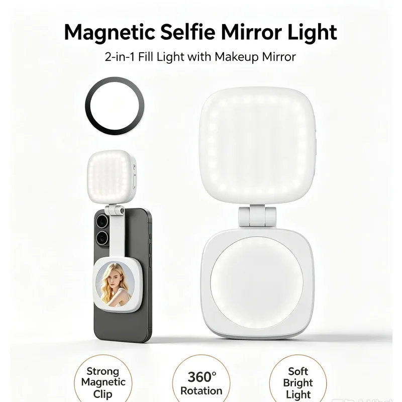 Anillo de luz magnético portátil para selfies, con espejo de belleza y luz LED recargable, ideal para tomar selfies con el teléfono móvil, grabar vlogs y realizar transmisiones en vivo.