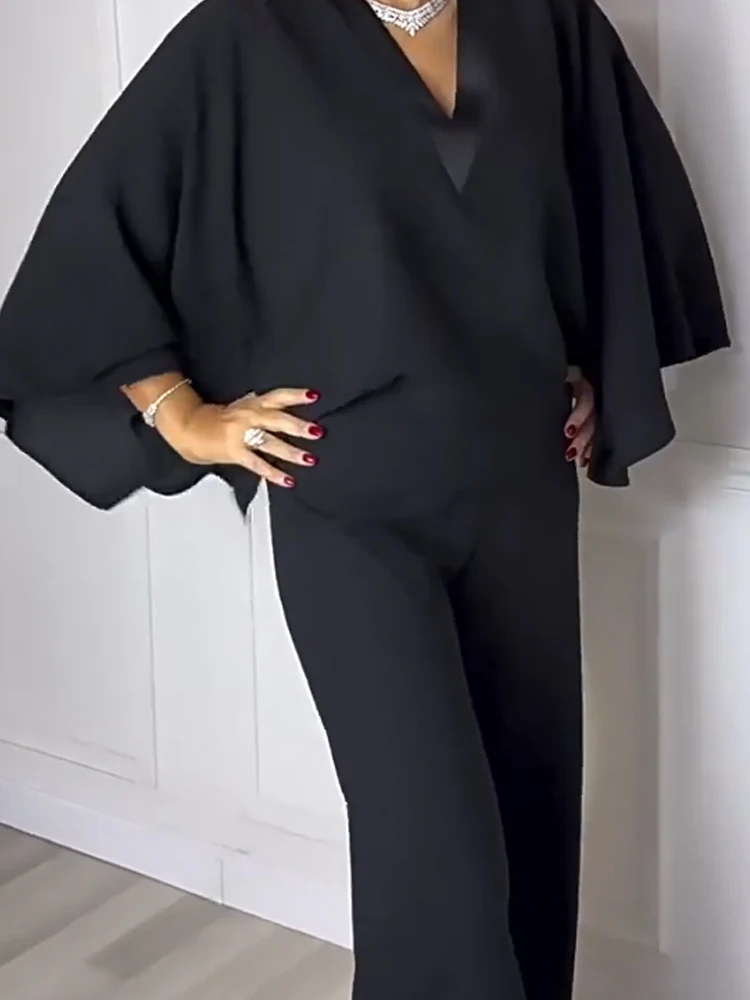 

Fashion Simple Comfortable Long Romper Women's Casual Wide Legger Party Playsuits Sexy V-neck Bat Sleeve Solid Color Jumpsuit