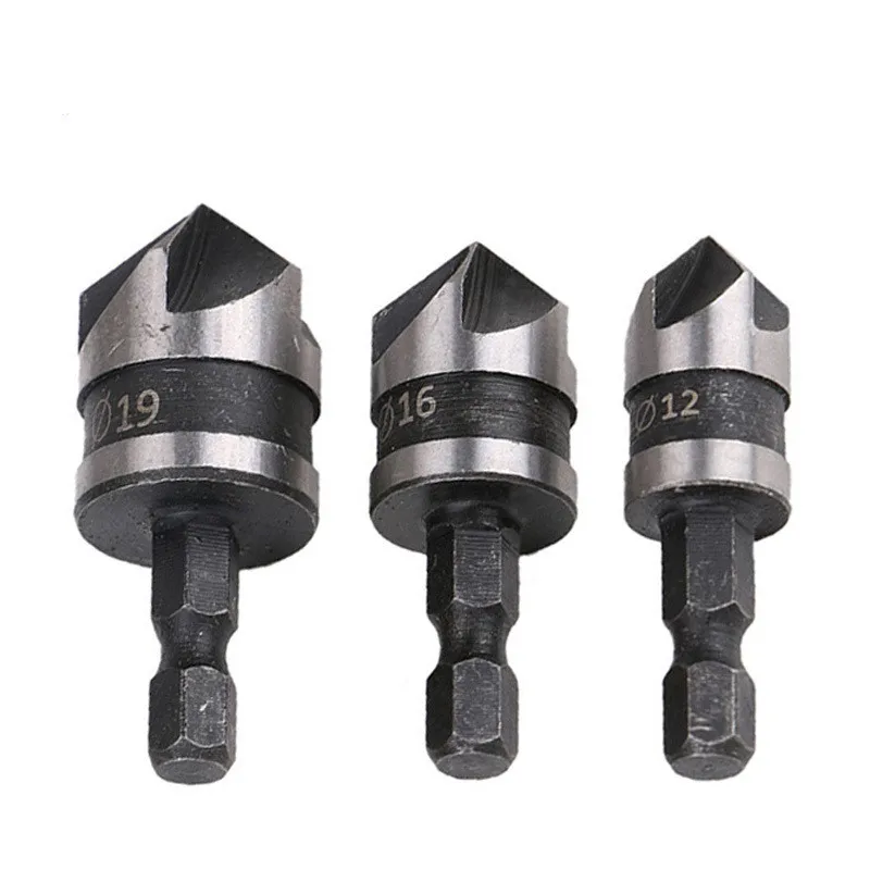 3Pcs 1/4 Hex 5ขลุ่ย Countersink Set Mata Bor 90องศา Deburring เครื่องมือใบเลื่อยตัดไม้โลหะ12/16/19มม.