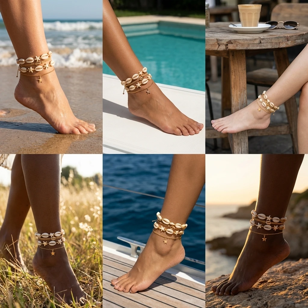 Mehrschichtiges Seestern-Muschel-Fußkettchen-Set für Damen, minimalistisches Stern-Anhänger-Armband aus handgeflochtenem Seil für den Fuß, Sommer-Sandalen-Schmuck – Detail 3
