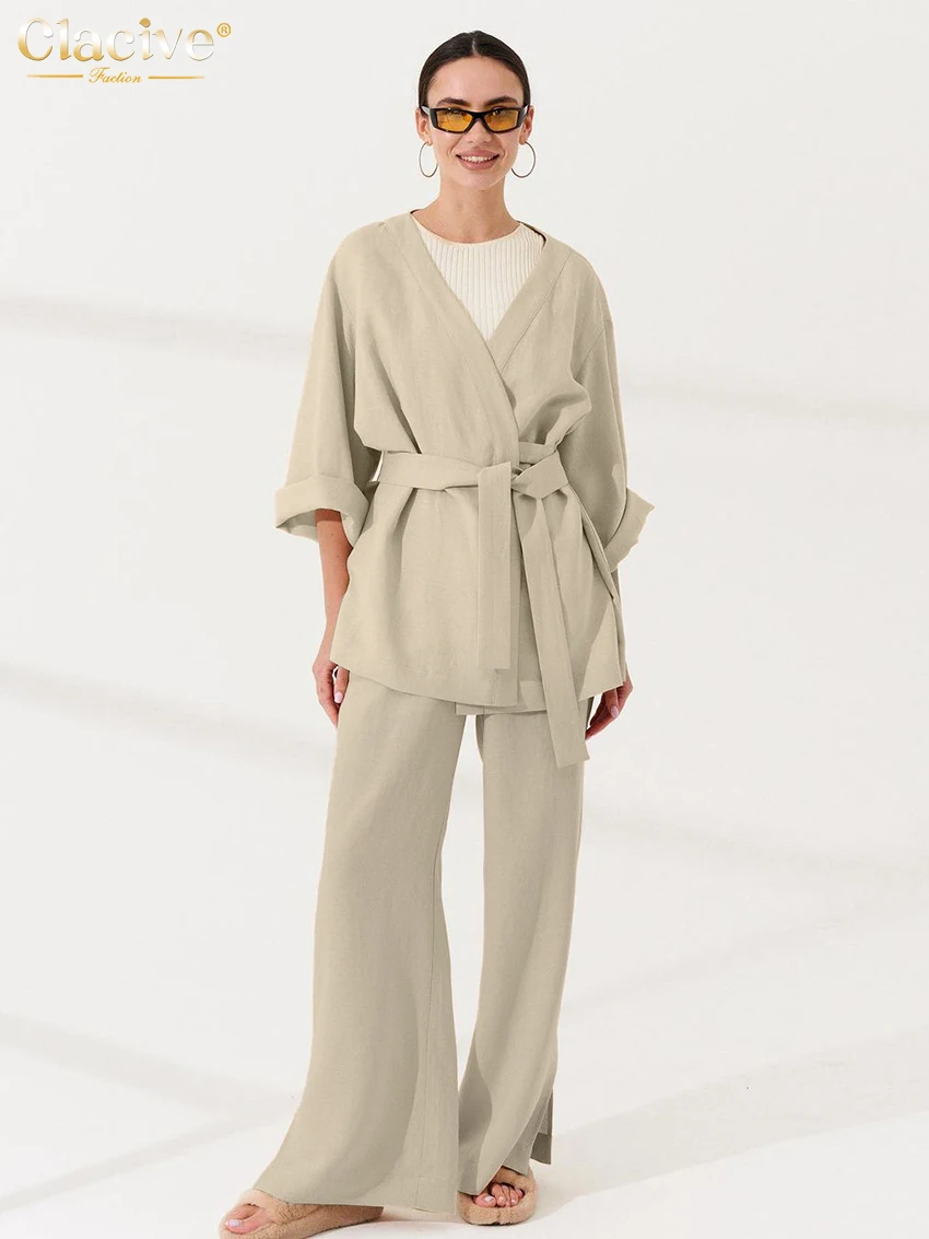 

Clacive Casual Loose Khaki Cotton Pants Set 2 Piece Woman Elegant Long Sleeve Robes With High Waist Wide Trousers Set Female