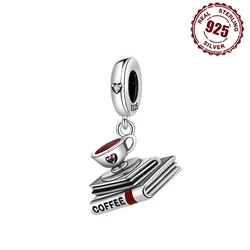 925 Sterling Silver Coffee Book Pendants Bracelet Charms Fit Women Jewelry Party Beads DIY Fine Gifts Accessories