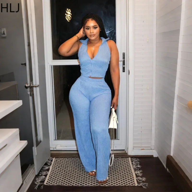 HLJ ฤดูร้อนใหม่ Elegant 2 ชิ้นชุดผู้หญิงชุดซิปเสื้อแขนกุดและกางเกงขากว้างชุดหญิงแฟชั่น Streetwear