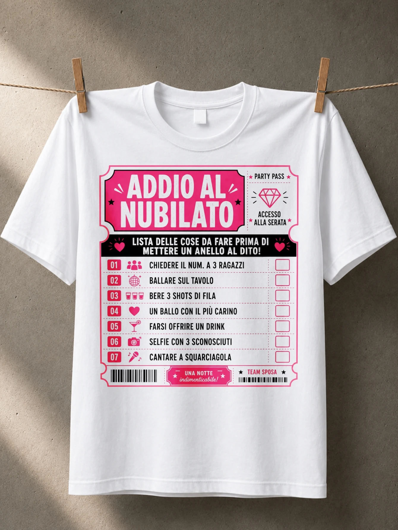 Addio Al Nubilato Party Pass ticket style checklist barcode details diamond icon and team sposa  Unisex All T-Shirt