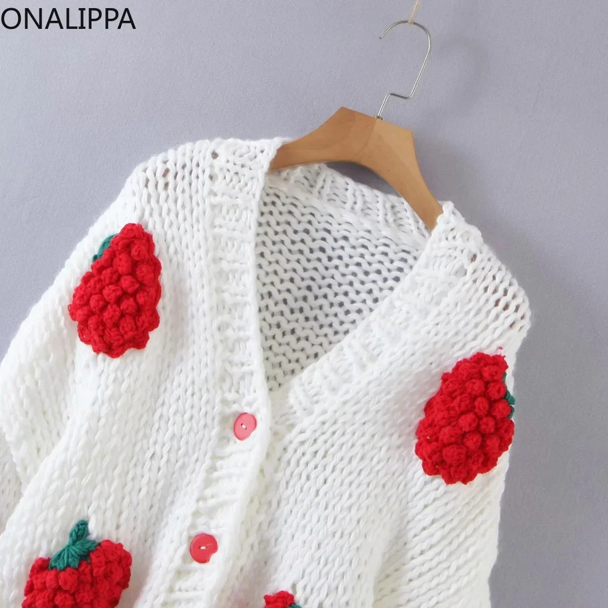 Onalippa Thick Needle Strawberry Knitted Cardigan V Neck Single Breasted Loose Cardigans Korean Long Sleeves Sweet Sweater