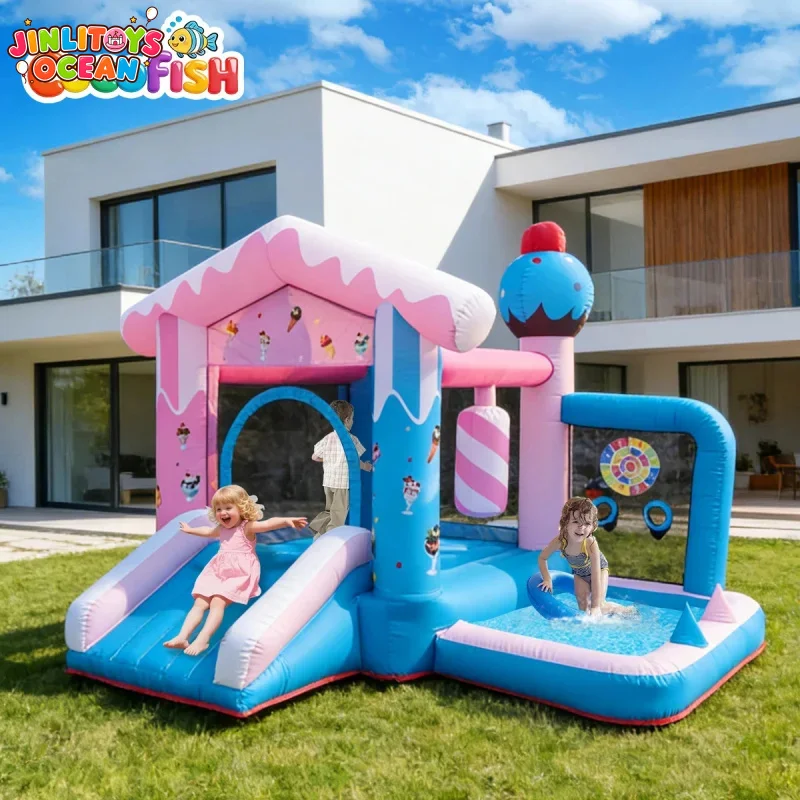 Cocofish Ice Cream Theme Inflatable Bounce House with Slide & Water Pool, Birthday Party Inflatable Jumping Castle with Blower
