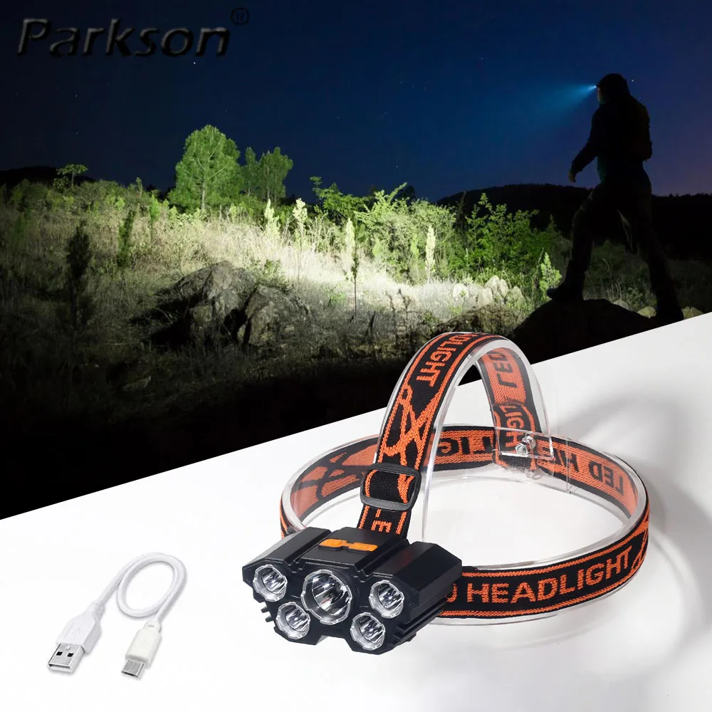 

Five Head LED Headlight Super Bright Head Flashlight Strong Light USB Rechargeable Long Range For Fishing Working Mount Headlamp