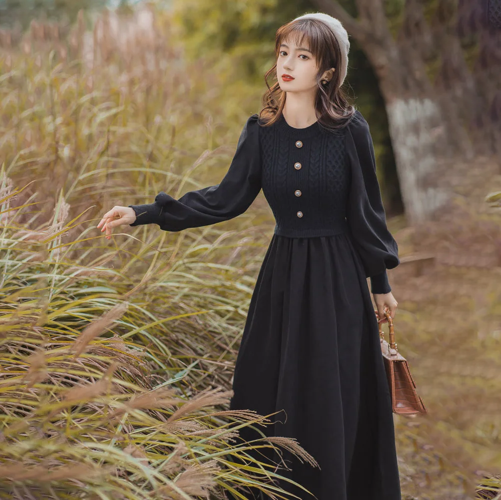 

Fashion Knit Dress 2024 Autumn And Winter New French Retro Temperament Stitching Bottom With Sen Sweater Skirt Female.