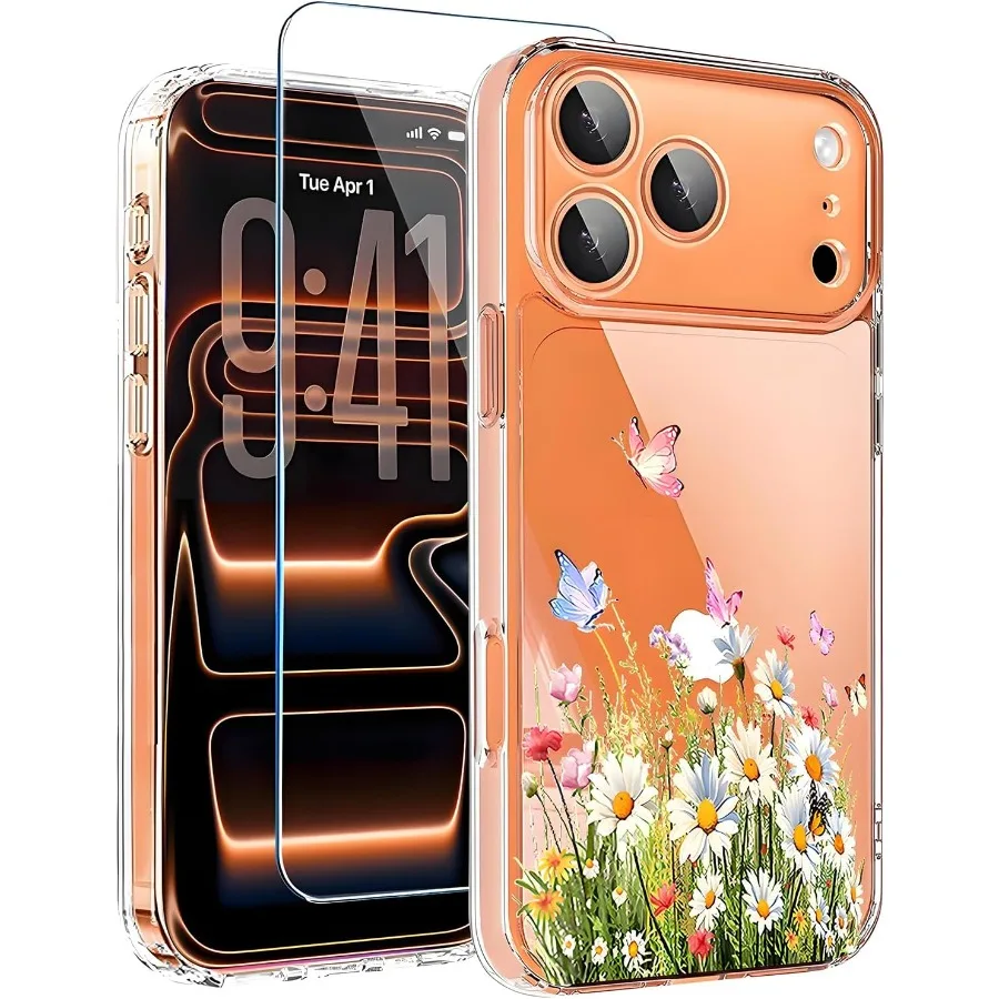 

Clear Cute Flowers Floral Design for iPhone 17 Pro Max Case with Screen Protector and Camera Protection Slim Shockproof Phone C