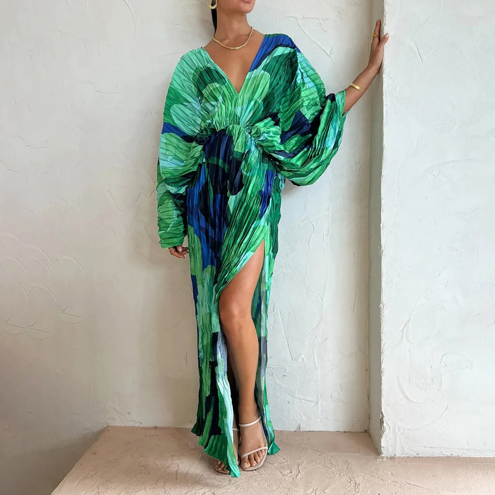 

Fashionable Printed Elegant Long Dress Women Deep V-Neck Long Sleeved High Waisted Dresses Sexy High Slit Vacation Dress