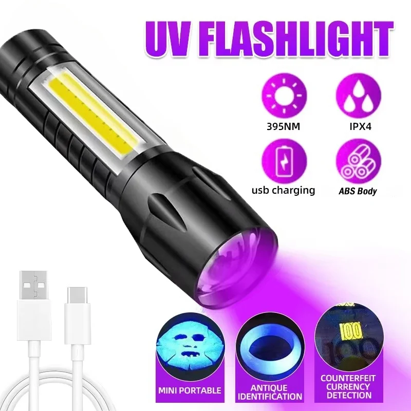 395nm UV Flashlight Blacklight Zoomable USB Rechargeable UV Light Ultraviolet Flashlight for Pet Urine Detection Resin Curing