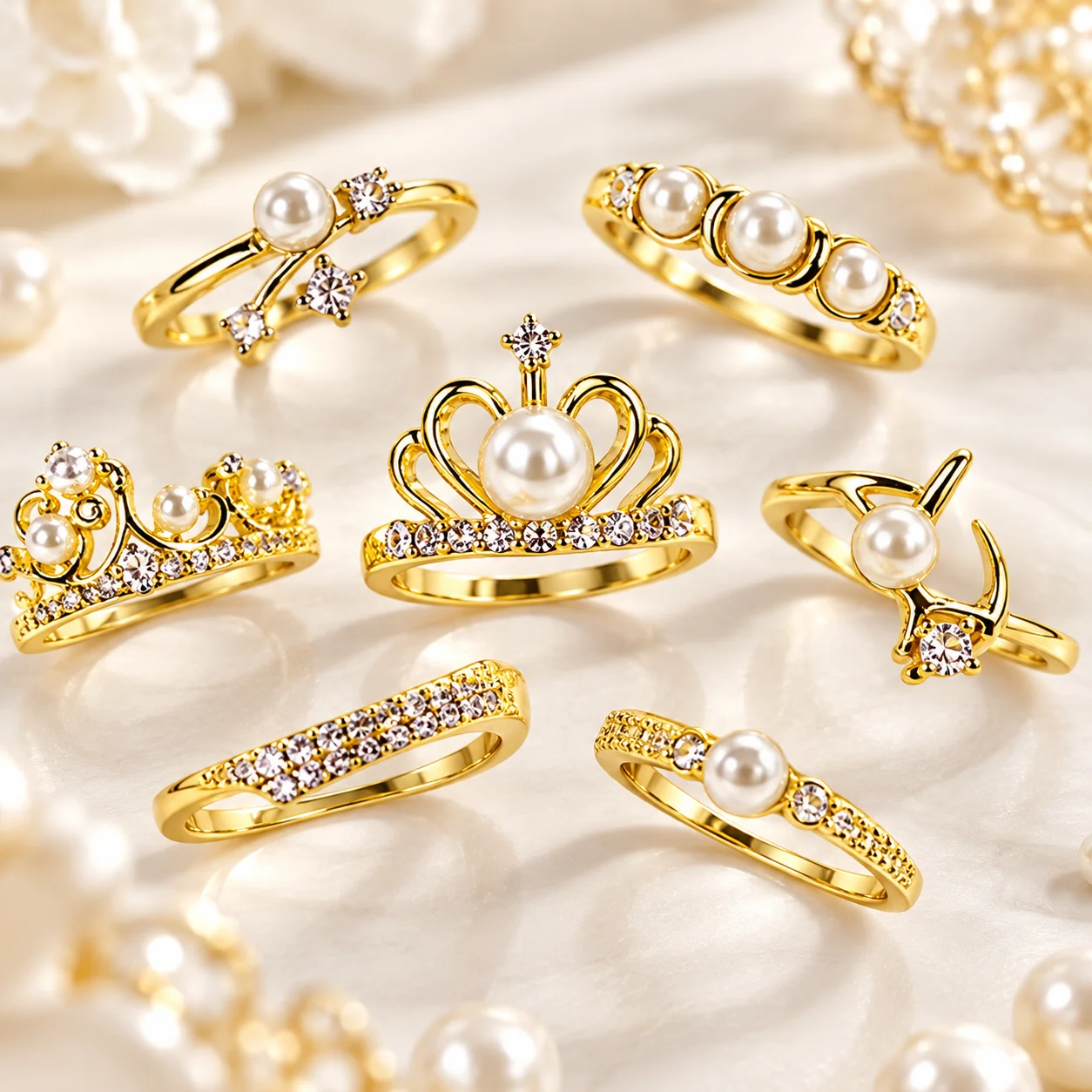 50Pcs Gold Plated Pearl Crown Ring Set for Women Vintage Crystal Tiara Stackable Rings Wedding Party Jewelry Gift Wholesale