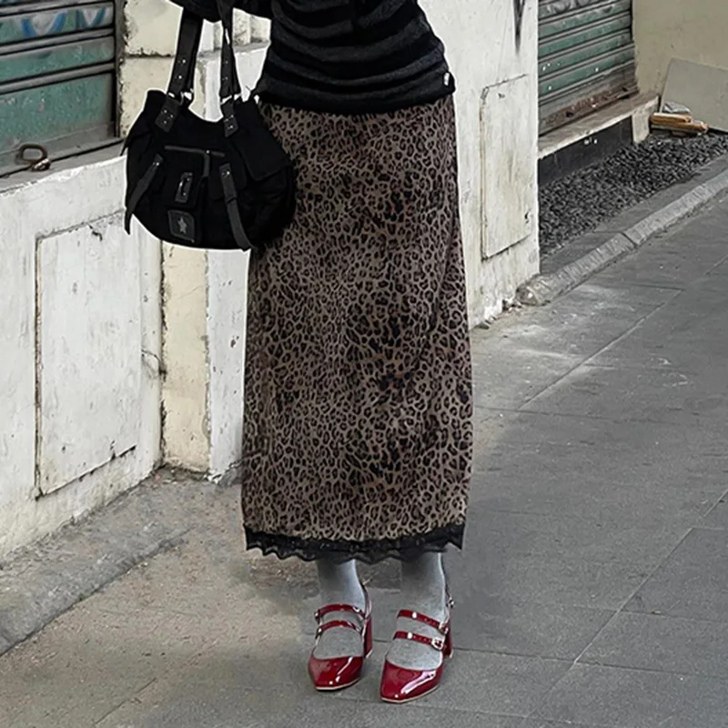 

Sexy Leopard Print Lace Midi Skirt Retro Slim Fit Polyester Fiber Cycling Other Material00% Printed Wrap around Skirt