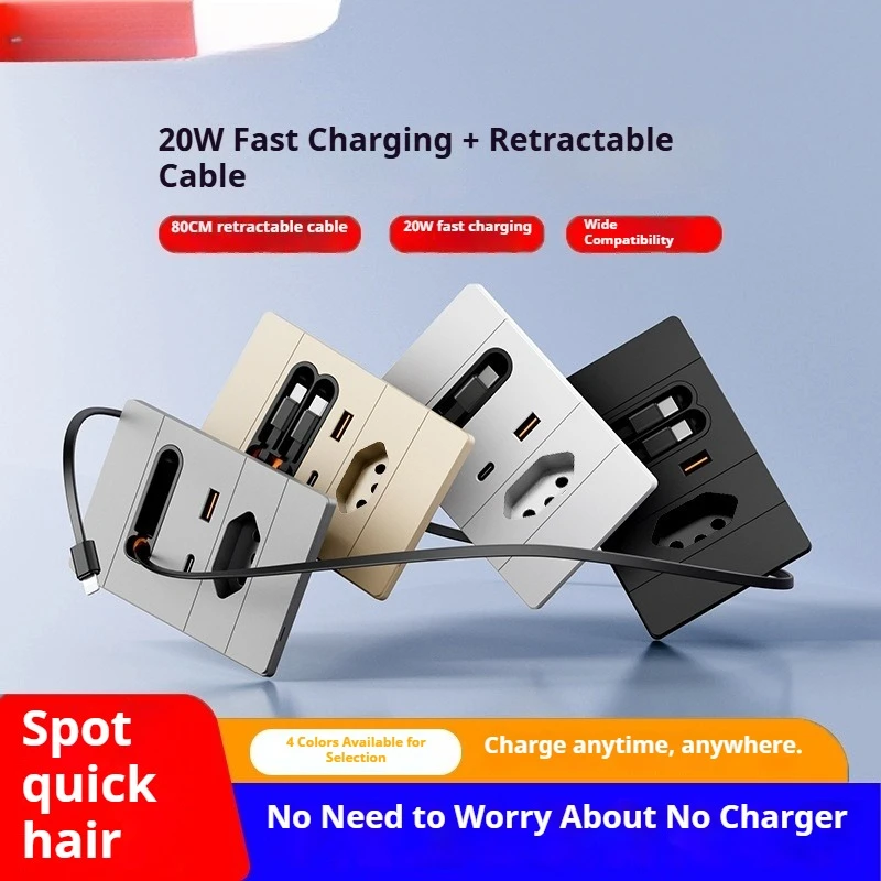 Tomada de Parede Tipo 118 para o Brasil com Cabo Retrátil, Carregamento Rápido USB de 20W, Tomada Multiuso Tipo-C para o Mercado Brasileiro
