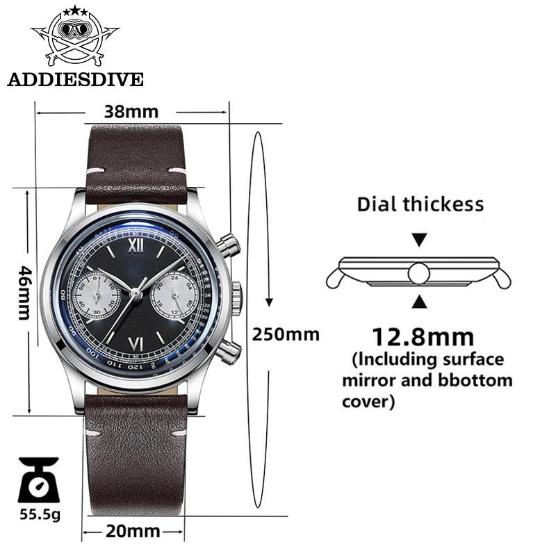 ADDIESDIVE Man Fashion Watch 100m Diving Leather Belt Relogio Masculino Multifunctional Chronograph Quartz Watches