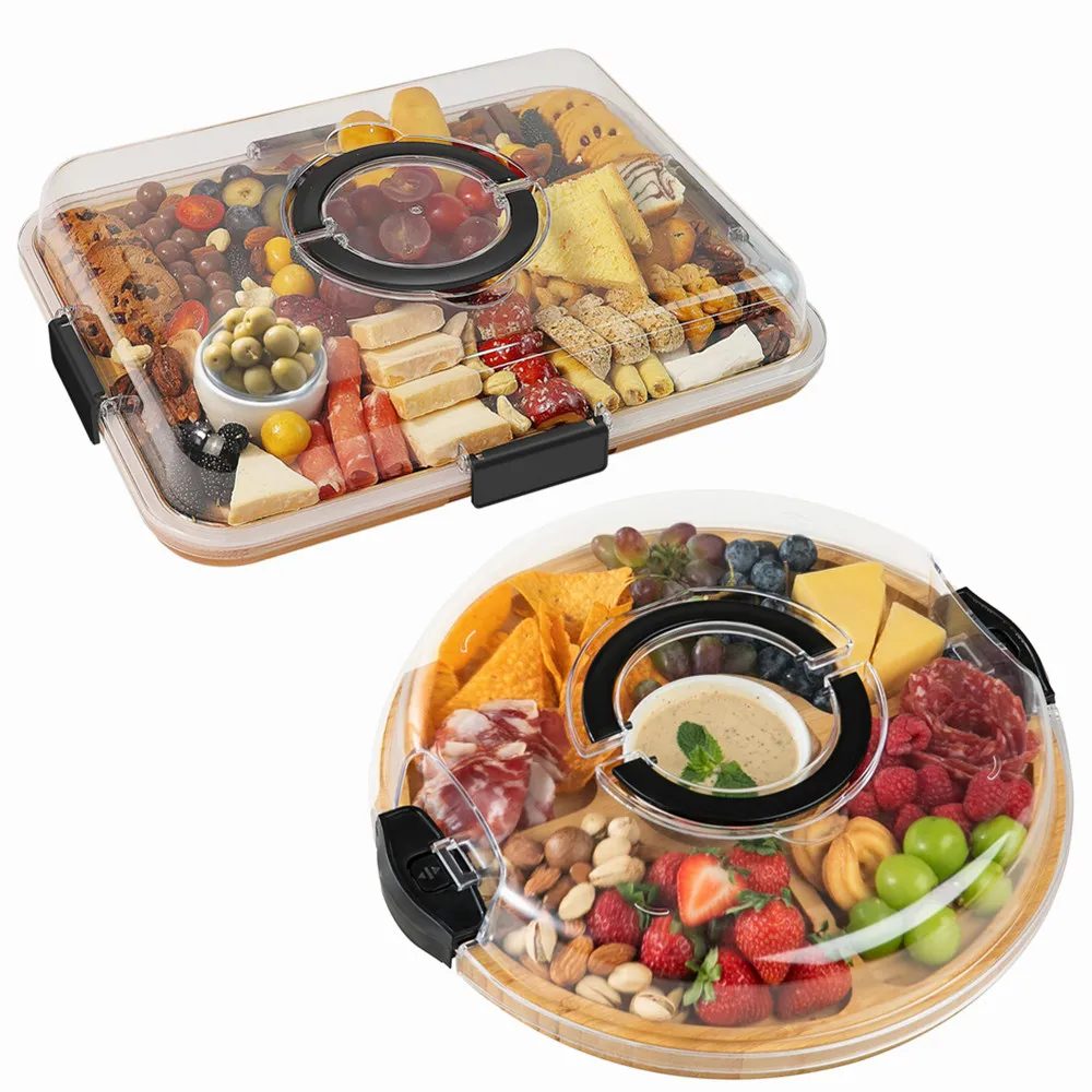 Charcuterie Board With Lid Portable Bamboo Cheese Board Snackle Fruits Divided Serving Tray for Party Picnic Locking Handles