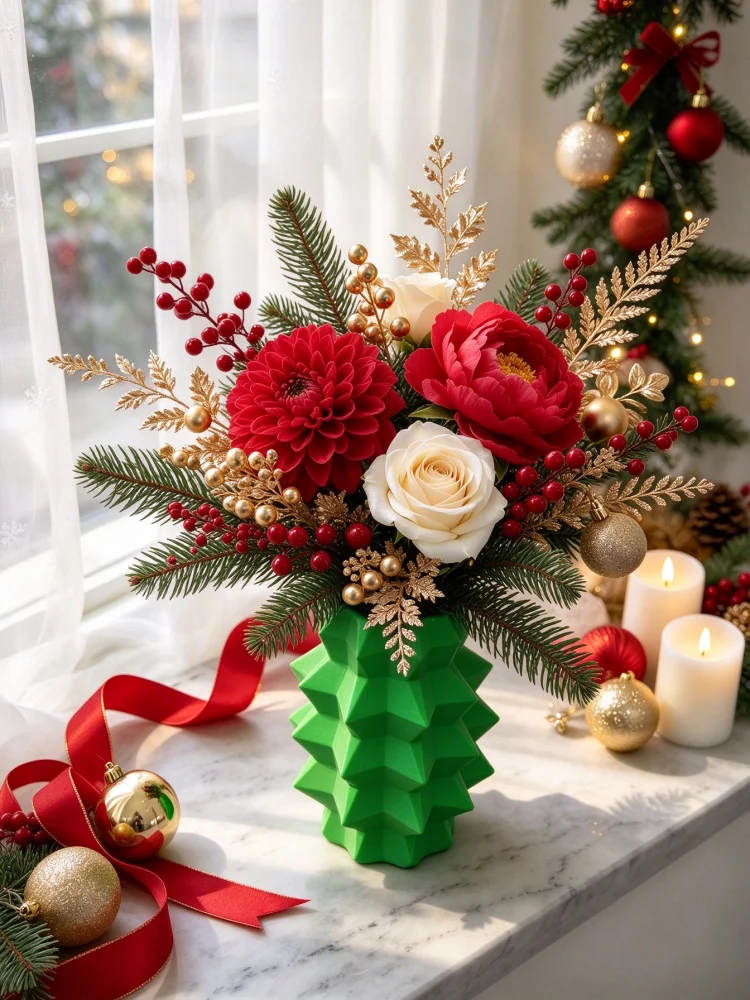 Green Geometric Christmas Tree Vase, 3D Printed Layered Pointed-Peak Angular Design, Pla Material Mini Christmas Flower Vessel, Holiday Tabletop Centerpiece Decoration, Home Living Room Dining Table Fireplace Entryway Office Floral Vase, High Aesthetic Christmas Home Decoration, Layered Pointed-Peak Christmas Decoration, Warm Festive Atmosphere Creative Christmas Party Decoration
