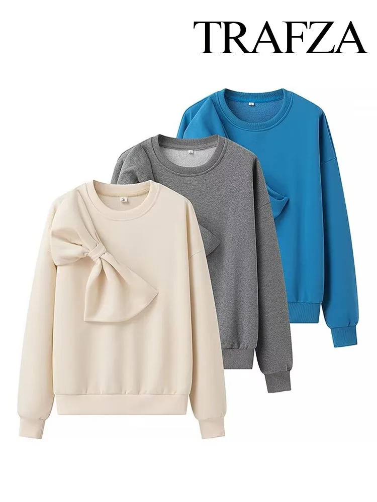 TRAFZA Spring Women New Elegant Bow Decoration Solid O-Neck Long Sleeves Pullovers Female Casual Sweatshirt Streetwear Mujer