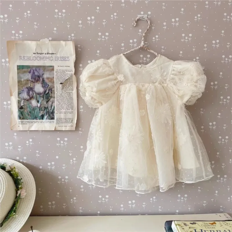 Baby Girl Cotton Princess Embroidery Floral Tulle Dress Infant Toddler Puff Sleeve Lace Vestido Party Summer Baby Clothes 3M-2T